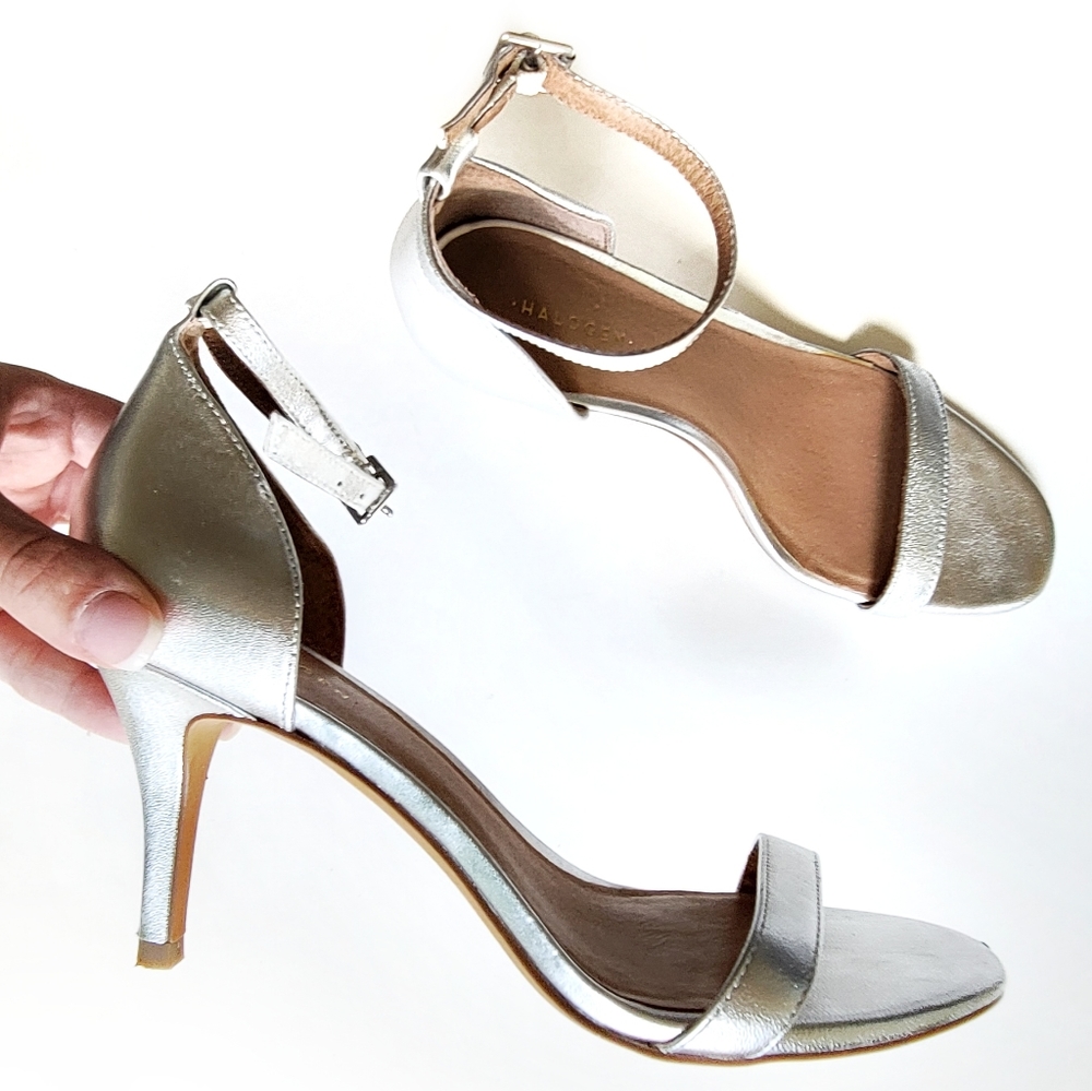 Halogen Silver Metallic Ankle Strap Heels